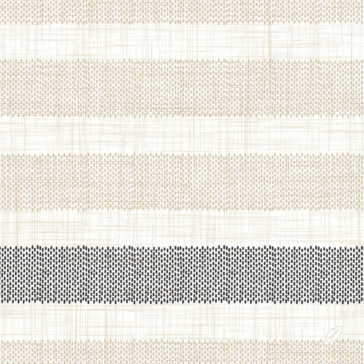 Die Dunilin Servietten 40x40 cm, Rigato schwarz von Duni GmbH zeigen ein beige-schwarzes Streifenmuster auf weißem Grund und bieten eine strukturierte Gitteroptik - ideal für eine elegante Tischdekoration mit schwarzen Servietten. Packung mit 45 hochwertigen Servietten.