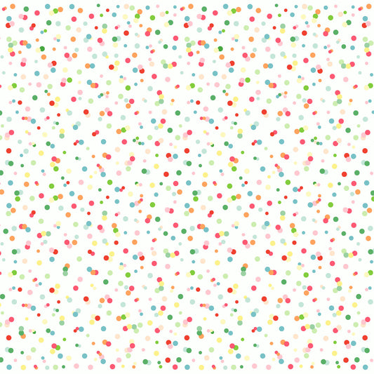 Ein weißer Hintergrund mit kleinen Punkten in Grün, Rot, Rosa, Gelb und Blau bildet ein lebendiges Tupfenmuster, das an die Dunisilk Happy Bubbles Servietten (84x84 cm, 20 Stück) der Duni GmbH erinnert.