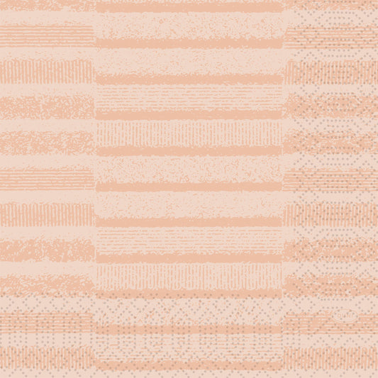 Die Zellt.-Serv.33 3lg 1/4 Tessuto staubrosa von Duni GmbH zeigt ein geometrisches Muster aus strukturierten Linien, Punkten und Formen in hellem Pfirsich auf Beige - perfekt für die elegante Tischgestaltung. Packung mit 250 hochwertigen Servietten.