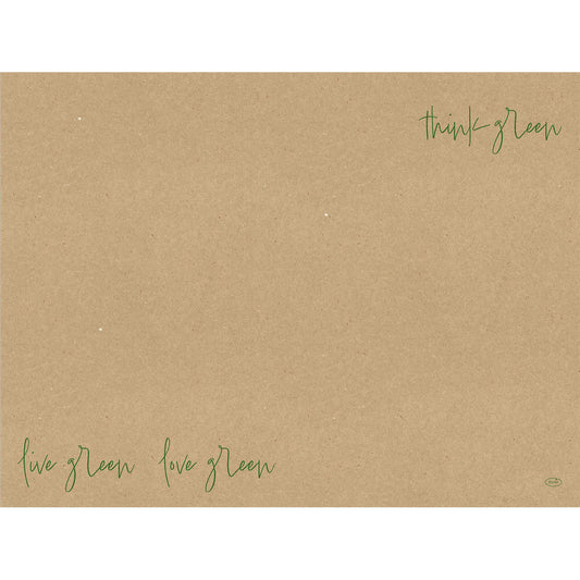 Das Papier Tischset "Love Green" von Duni GmbH (30x40 cm, 250 Stück) zeigt auf braunem Recyclingpapier grüne Handschrift: "think green" oben rechts und "live green love green" unten links. Perfekt als dekorative Tischdekoration.