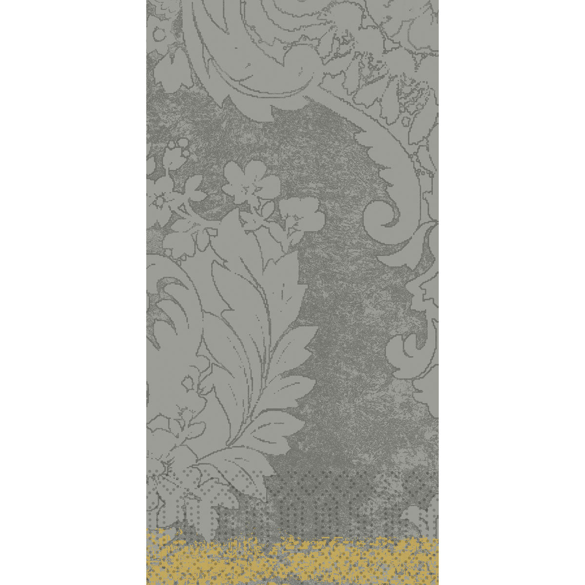 Die Zellt.-Serv.40x40 3lg 1/8 Royal gran.grey Papierservietten (250er Pack) der Duni GmbH sind mit einem kunstvollen grauen Blumen- und Blattmuster und einem gelben Punktrand versehen und verleihen jedem gedeckten Tisch Eleganz.