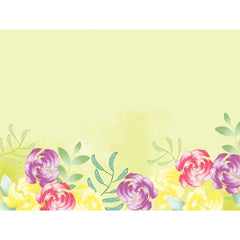 Die Duni GmbH Papier-Tischsets 30x40cm Soft Tropics zeigen einen hellgelben Hintergrund mit aquarellierten Blumen in Gelb, Rosa und Lila sowie grünen Blättern am unteren Rand; der obere Rand und die Mitte bleiben weitgehend leer. Die Packung enthält 250 Stück.