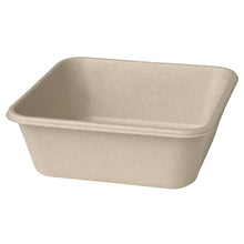 Die Classic Box 900 ml - unbeschichtet Braun Bagasse 155x155x53 von Duni GmbH ist ein schlichter, rechteckiger Behälter mit leicht abgerundeten Ecken und einer strukturierten Oberfläche, leer auf weißem Hintergrund dargestellt. Packung (40 Stück).