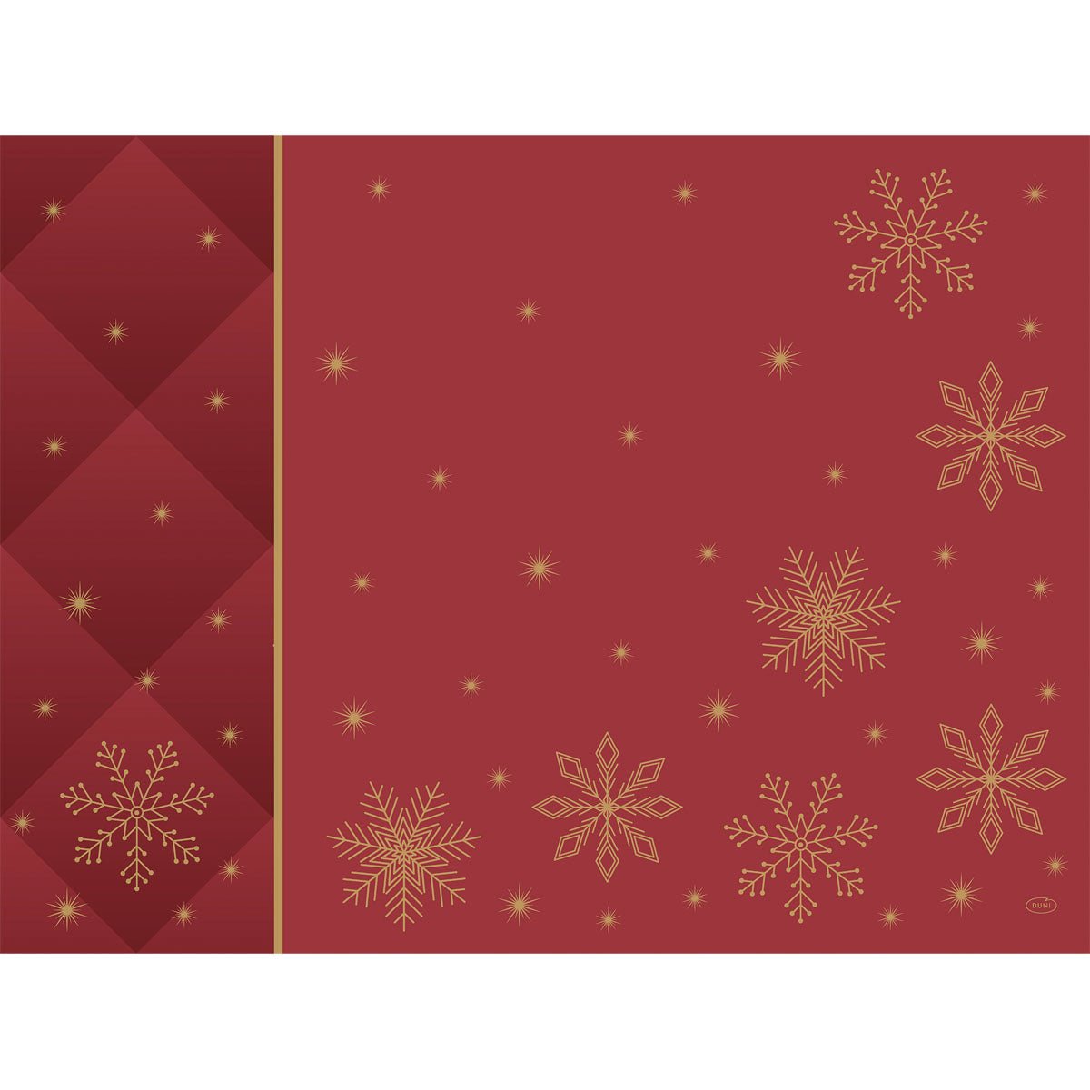 Un fond rouge avec des flocons de neige bordés d'or et de petites étoiles dorées ainsi qu'un motif en losange marron sur le côté gauche créent un look élégant - idéal pour la présentation des ensembles Bio-Dunicel de Duni GmbH 30x40 Rhombus bordeaux (100 pièces).