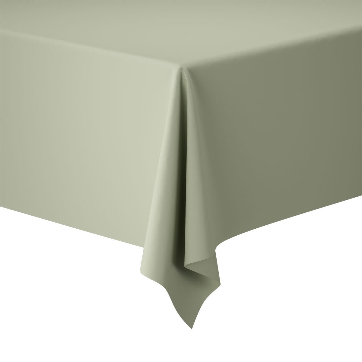 Un gros plan du rouleau Dunicel Pistachio Green 25 m de Duni GmbH, un rouleau de nappe premium (1 pièce), élégamment drapé sur une table rectangulaire pour une décoration de table élégante sur fond blanc.