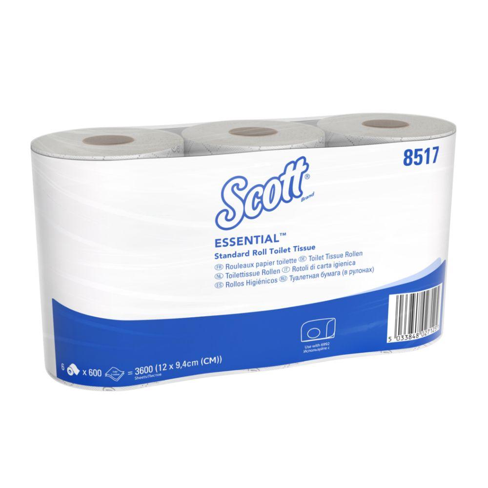 Scott® Essential™ Toilettenpapier 8517 von Kimberly-Clark GmbH: 2-lagig, 36 Rollen/21.600 Blatt im Karton (6 Päckchen), hergestellt aus recycelten Fasern in bewusst umweltfreundlicher, weiß-blauer Verpackung.