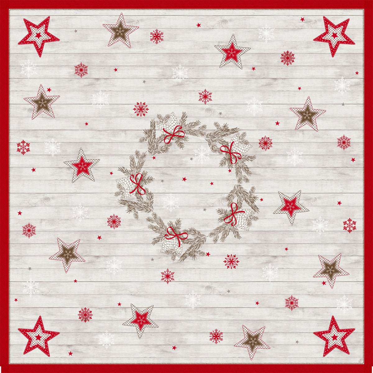 La nappe Dunicel 84x84cm Cozy Winter de Duni GmbH présente une couronne de branches et de rubans rouges, avec des étoiles rouges et beiges et des flocons de neige sur un fond en bois clair. Décoration festive idéale, disponible en paquets de 20 pièces.