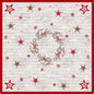 La nappe Dunicel 84x84cm Cozy Winter de Duni GmbH présente une couronne de branches et de rubans rouges, avec des étoiles rouges et beiges et des flocons de neige sur un fond en bois clair. Décoration festive idéale, disponible en paquets de 20 pièces.