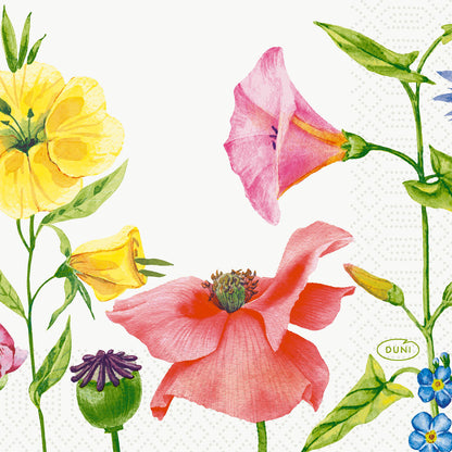 Bunte Blumen und grüne Blätter zieren einen weißen Hintergrund auf dieser hochwertigen Serviette, 24x24 3lg 1/4 von Duni GmbH. Das "Duni"-Logo unten rechts macht sie perfekt für besondere Anlässe.