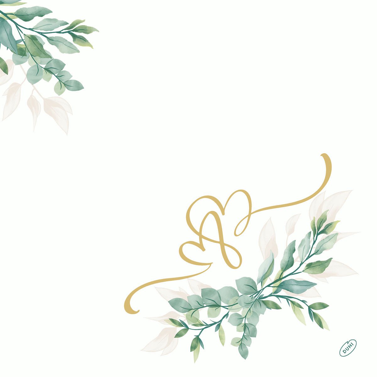Les serviettes Dunilin 40x40 cm Love Hearts de Duni GmbH ont un fond blanc, des feuilles vertes aquarellées dans deux coins et deux cœurs décoratifs dorés au-dessus des feuilles. Inclus un petit logo en bas à droite. Paquet de 45 pièces.