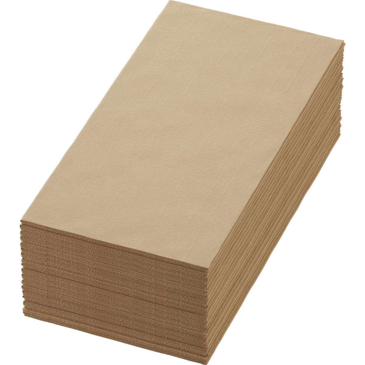 Ein fein säuberlich gestapelter Stapel Duni GmbH Bio-Dunisoft Servietten 40x40 cm 1/4-Falz naturbraun Papierservietten (Packung, 60 Stück) in rechteckiger Form vor weißem Hintergrund.
