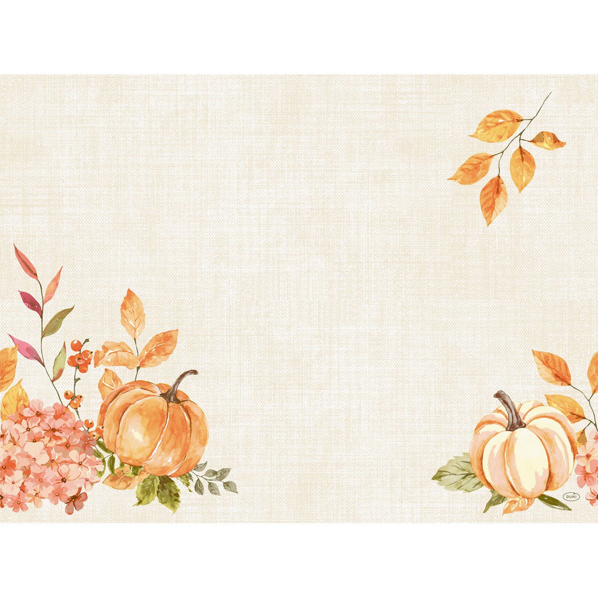 Un fond texturé de couleur beige, orné de deux citrouilles peintes à l'aquarelle, de fleurs d'automne et de feuilles orange : l'arrière-plan idéal pour mettre en valeur votre texte ou votre motif sur les sets biodégradables Bio-Dunicel 30 x 40 « Spicy Pumpkin » de Duni GmbH (paquet de 100 pièces).