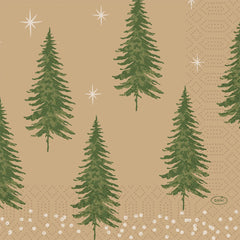 Eine hellbraune 3-lagige Serviette (33x33cm) von Duni GmbH mit grünen Tannenbäumen, weißen Sternen und schneeähnlichen Punkten - ideal als umweltfreundliche Servietten aus recyceltem Papier. Packung mit 50 Stück.