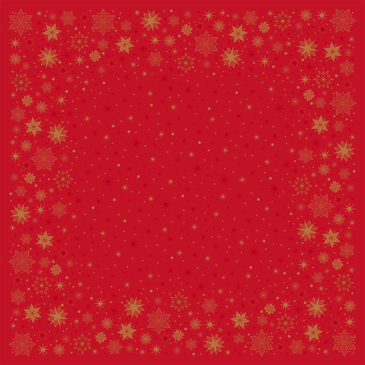 Roter Hintergrund mit goldener Schneeflocken- und Sternenbordüre, die die Mitte offen lässt - ideal für die Präsentation der Bio-Dunicel Mitteldecke 84x84 cm in rot von Duni GmbH bei Stargazing Events oder als nachhaltige Festtagsdekoration.