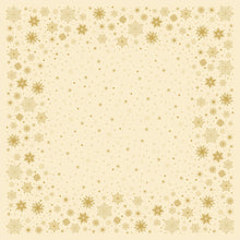 Die Bio-Dunicel-Mitteldecke 84x84cm Stargazing cream von Duni GmbH hat einen hellgelben Hintergrund mit einer goldenen Schneeflocken- und Sternenbordüre, die an den Rändern dicht und zur Mitte hin spärlicher ist - ideal für die Tischdekoration. Packung mit 20 Stück.