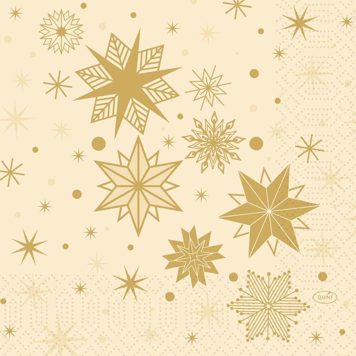 Apportez de l'élégance à votre table avec les serviettes 33x33 3 plis 1/4 Stargazing crème (paquet de 50 pièces) de Duni GmbH, avec des étoiles géométriques dorées et des points sur un fond beige avec un motif discret de grille et de points.