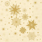 Apportez de l'élégance à votre table avec les serviettes 33x33 3 plis 1/4 Stargazing crème (paquet de 50 pièces) de Duni GmbH, avec des étoiles géométriques dorées et des points sur un fond beige avec un motif discret de grille et de points.