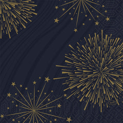 Un fond bleu foncé orné de feux d'artifice dorés et de motifs géométriques apporte une touche d'élégance à chaque fête – idéal pour les serviettes Duni GmbH 33 x 33, 3 épaisseurs, 1/4 Sparkly black, paquet (250 pièces).
