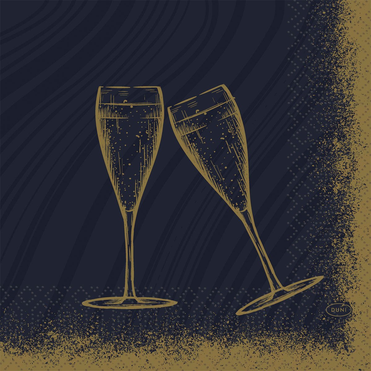 Deux verres à champagne bordés d'or cliquettent sur un fond bleu foncé moucheté - un design élégant pour les serviettes Duni GmbH 33x33 3 plis 1/4 Sparkly Cheers noir, paquet (50 pièces).