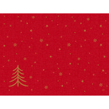 Papier-Tischsets 30x40cm Shimmer Trees von Duni GmbH: Rotes Design mit dezentem Muster, goldenem Weihnachtsbaum unten links, Goldsterne und Schneeflocken - ideal für festliche Tischdekoration. Packung mit 250 Stück.