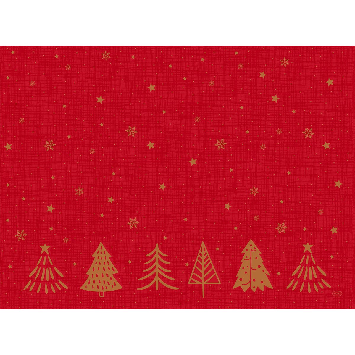Ein festlicher roter Hintergrund mit goldenen Sternen, Schneeflocken und sechs goldenen Bäumen im Shimmer Trees Design - perfekt für die Bio-Dunicel-Sets 30x40 Shimmer Trees | Packung (100 Stück) der Duni GmbH.