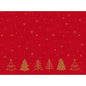 Ein festlicher roter Hintergrund mit goldenen Sternen, Schneeflocken und sechs goldenen Bäumen im Shimmer Trees Design - perfekt für die Bio-Dunicel-Sets 30x40 Shimmer Trees | Packung (100 Stück) der Duni GmbH.