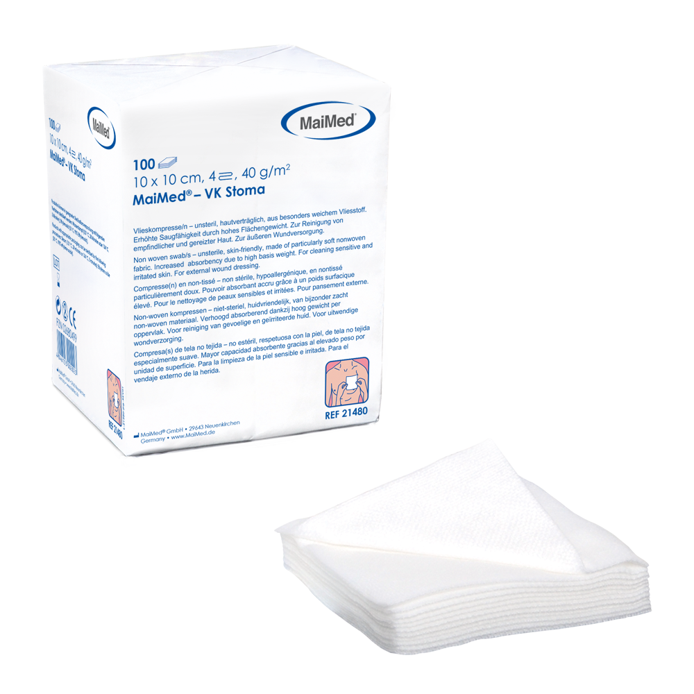 MaiMed-VK-Stoma-unsteril 10x10cm 4-fach, 40g Vlieskompressen zu 100 St./Papiertüte | Packung (100 Stück)