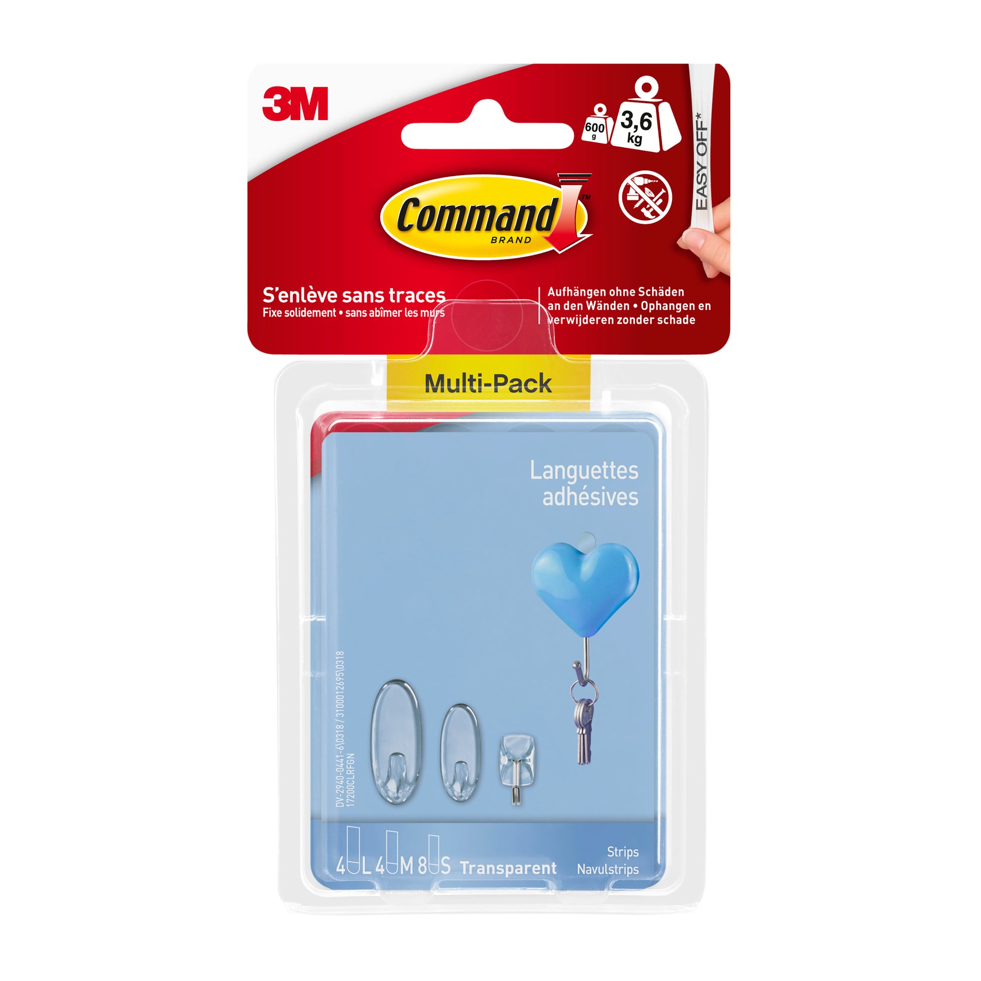 Das 3M Deutschland GmbH Multipack Command™ Strips, transparent 17200CLR (1 Stück), verfügt über eine Verpackung mit drei Haken und einem Schlüssel auf blauem Hintergrund sowie Produktinformationen auf Französisch, Deutsch und Englisch.
