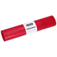 Eine Rolle EMIL DEISS KG (GmbH + Co.) DEISS 21720 Müllsäcke, 575x1000 mm in rot, 25 Säcke pro Rolle, mit weißem Etikett mit der Aufschrift "DEISS Abfallsäcke" und Recyclingsymbolen, abgebildet auf einem schlichten weißen Hintergrund.