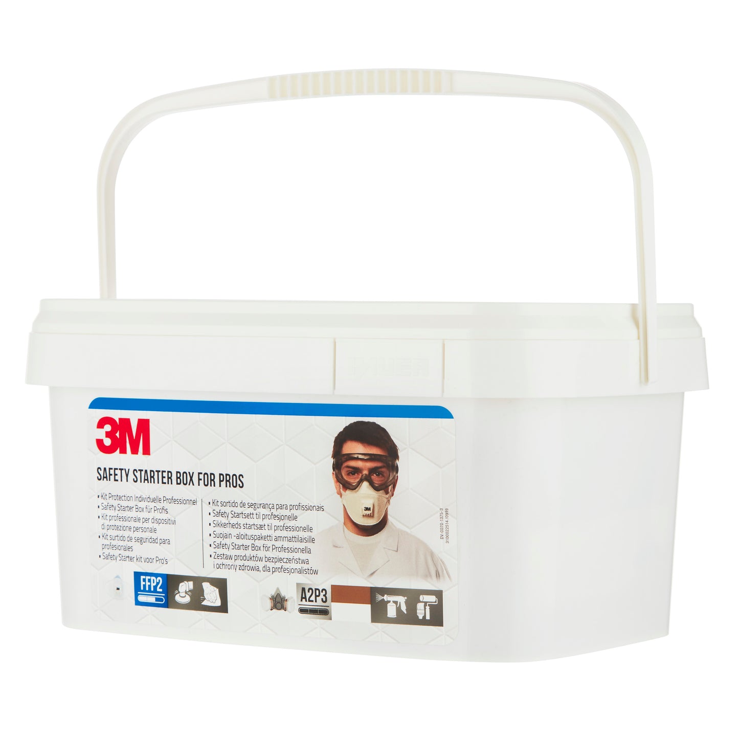 Boîte en plastique blanche avec poignée portant l'inscription "3M™ boîte de démarrage de protection pour professionnels" de 3M Deutschland GmbH, montrant une personne avec masque et lunettes de protection, et énumérant la protection respiratoire, oculaire, auditive plus les normes FFP2/A2P3, 1 ensemble/paquet.
