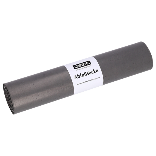 Eine aufgerollte graue DEISS 24022 Müllsäcke (700x1100 mm Typ 100, 15 Stück) der EMIL DEISS KG mit weißer Banderole in der Mitte steht auf einem schlichten weißen Hintergrund - ideal für die Schwerlastentsorgung.