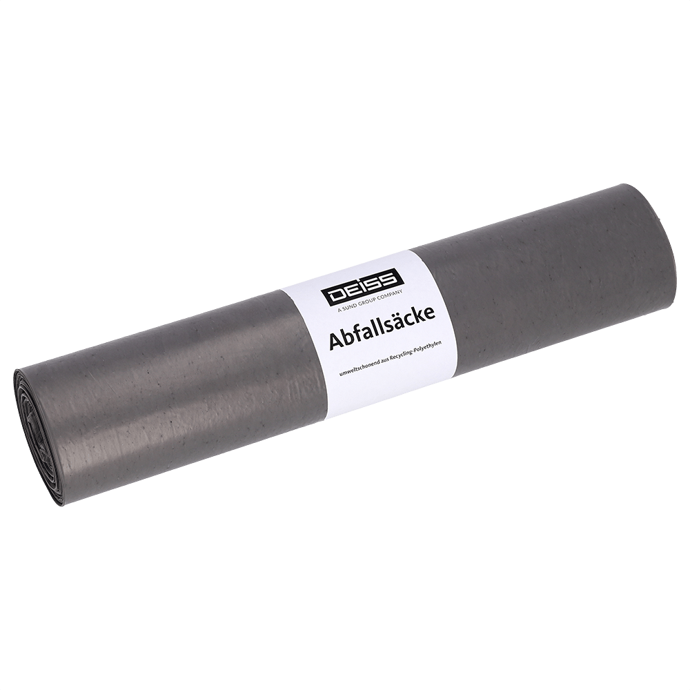 Eine Rolle grauer DEISS 24054 Müllsäcke (700x1100 mm, 25 Stück) der EMIL DEISS KG (GmbH + Co.) mit weißem Etikett steht auf einem schlichten, hellen Hintergrund.