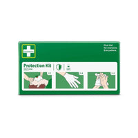 Une boîte verte portant la mention « Kit de protection » de la marque Orkla Wound Care AB contient un masque facial muni d'une valve, quatre gants et des instructions concernant un nettoyant cutané de sécurité. Le texte indique : « Premiers secours pour tous. Partout. » L'emballage contient 1 pièce.