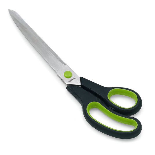 Die Nölle Profi Brush Tapezierschere 2K11 mit rostfreien Stahlklingen und schwarz-grünen ergonomischen Griffen sorgt für präzise Schnitte; abgebildet auf weißem Hintergrund. Marke: Nölle Profi Brush Bürsten- & Pinseltechnik e.K.