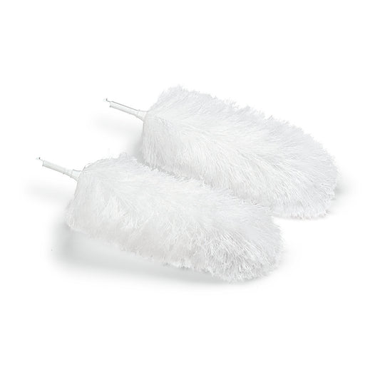 Zwei Nölle Profi Brush Microfaser Staubwedel Ersatzköpfe (40 cm, 2er Set) von Nölle Profi Brush Bürsten- & Pinseltechnik e.K. liegen nebeneinander, weich und flauschig - perfekt für die effiziente Staubentfernung auf jeder Oberfläche.