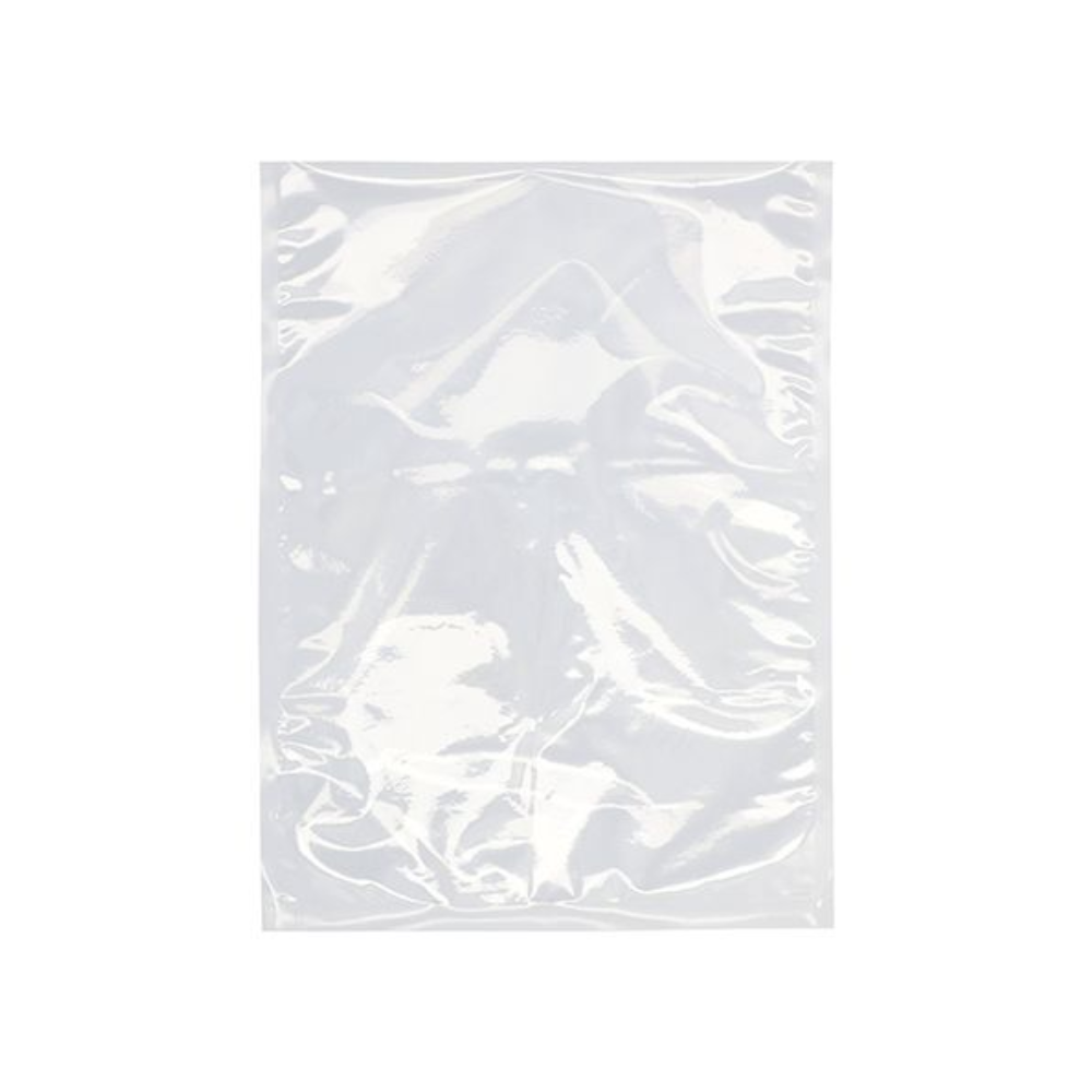 Un sac transparent Starpak 100 à bord scellé de Starpak est représenté devant un fond blanc. Le sac en plastique PA/PE rectangulaire apparaît plat et légèrement froissé, avec des reflets visibles sur sa surface.