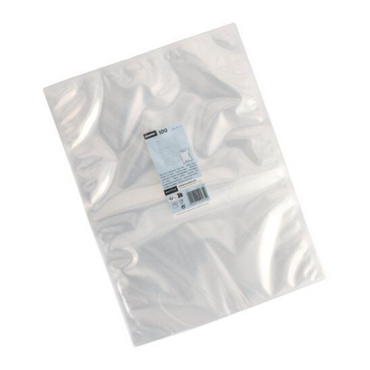 Un paquet de 100 sacs Starpak à bord scellé (PA/PE transparent) est empilé sur un fond blanc. Au centre se trouve une étiquette blanche et bleue avec des informations sur le produit.