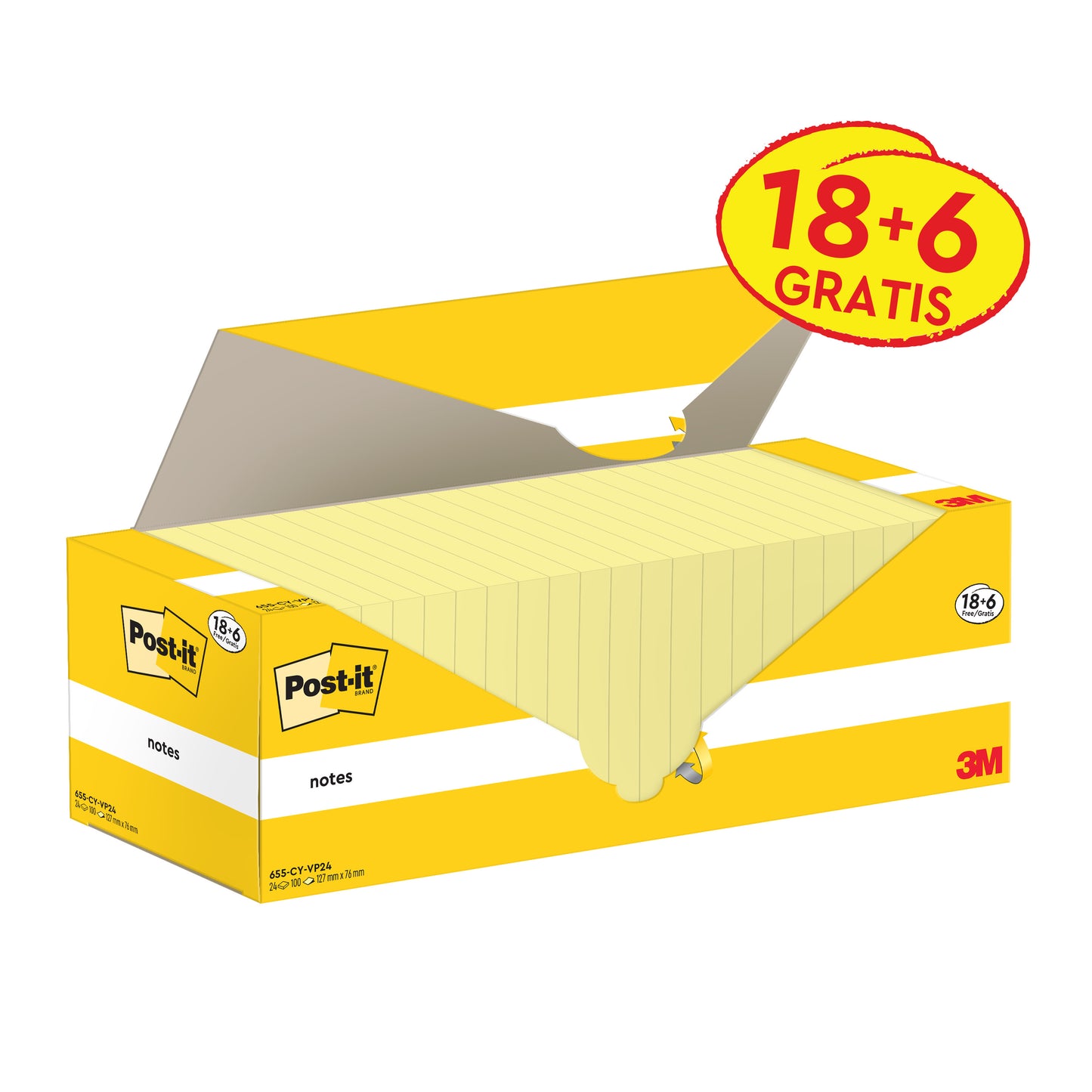 Eine gelb-weiße Schachtel Post-it® Notes (76 x 127 mm, Gelb) von 3M Deutschland GmbH, mit der Aufschrift "18 Blöcke + 6 Gratis" auf der Verpackung. Enthält 100 Blatt/Block in Kartonverpackung, PEFC-zertifiziert.