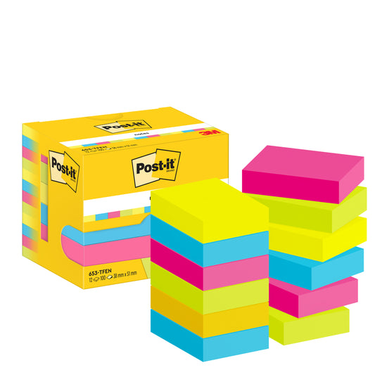 Eine Packung 3M Post-it® Notes, Energetic Collection, mit 12 Blöcken (38 mm x 51 mm, je 100 Blatt) in leuchtenden Farben. Wird in einer Markenbox mit Produktinformationen geliefert. Hergestellt aus 100% PEFC-zertifiziertem Papier.