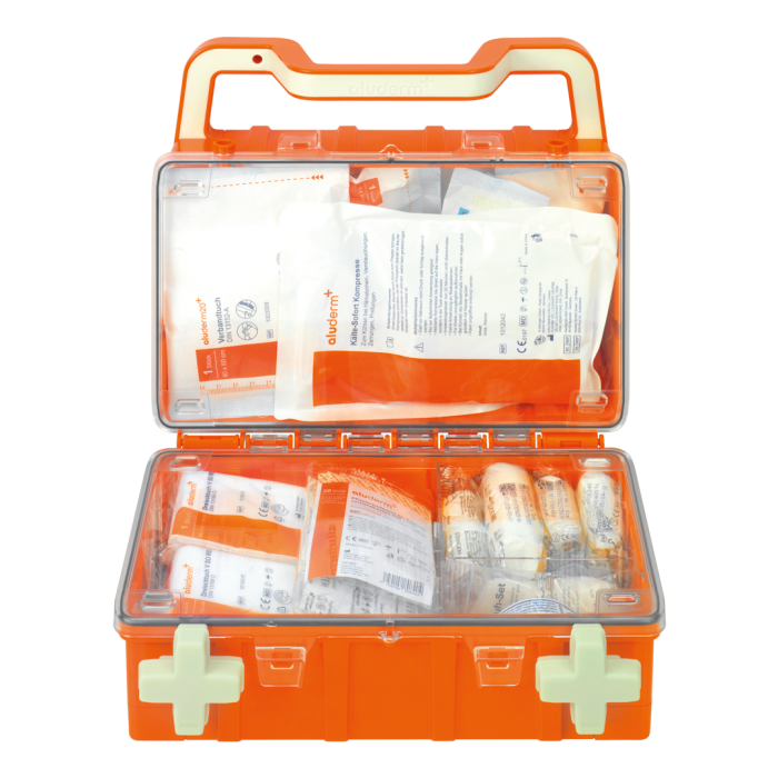 Trousse de premiers secours orange DYNAMIC-GLOW S norme DIN 13157 | Valise (1 pièce)