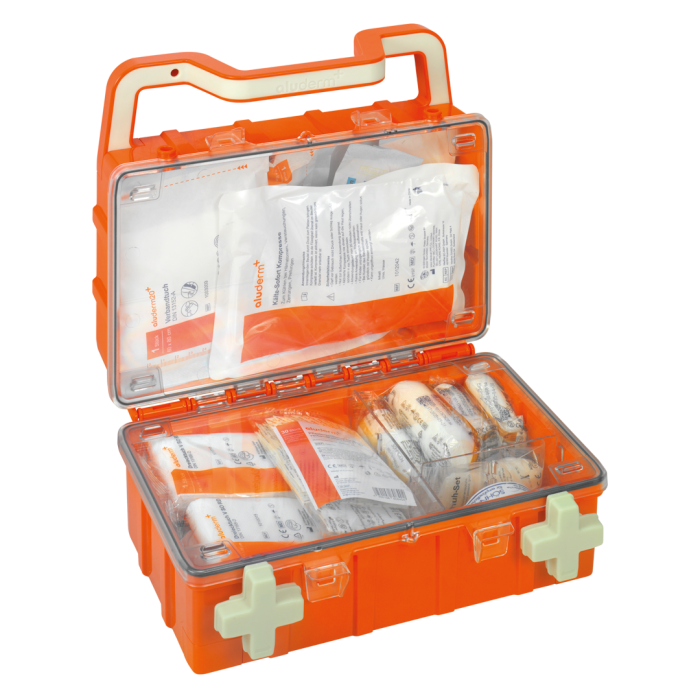 Trousse de premiers secours orange DYNAMIC-GLOW S norme DIN 13157 | Valise (1 pièce)