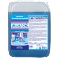 Un récipient de 10 litres de Dr. Schnell Le modèle UNIMAGIC de la société DR.SCHNELL GmbH & Co. KGaA est équipé d'une poignée et d'une grande étiquette comportant des informations sur le produit, des consignes d'utilisation, des logos de certification et un graphisme représentant un chariot de nettoyage.