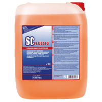Ein 10-Liter-Behälter aus durchsichtigem Kunststoff mit orangefarbener Flüssigkeit und rotem Deckel. Auf dem Etikett steht "Dr. Schnell SC FLÜSSIG Graffitientferner" von DR.SCHNELL GmbH & Co. KGaA, mit Produktinformation in mehreren Sprachen.