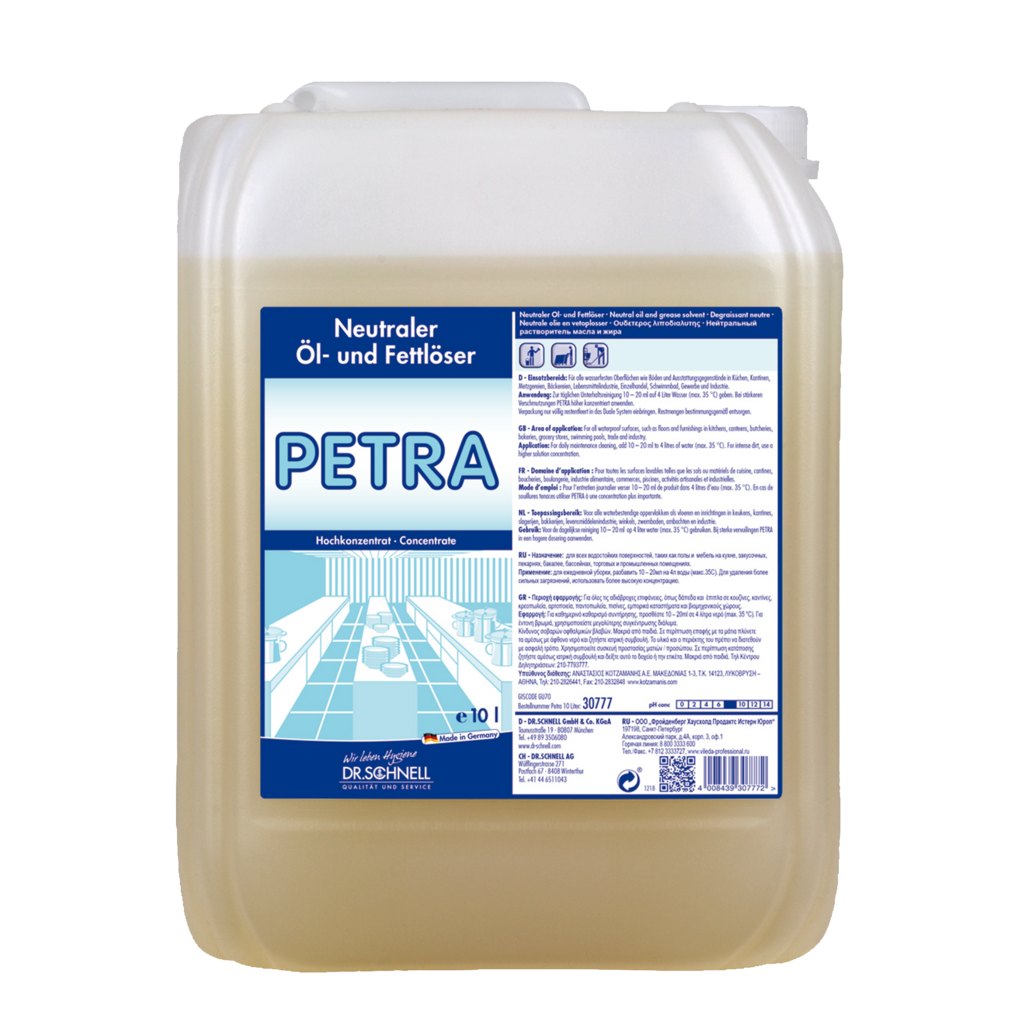 Ein 10-Liter-Kunststoffbehälter von Dr. Schnell PETRA Öl- und Fettlöser für Oberflächen der DR.SCHNELL GmbH & Co. KGaA, mit blau-weißem Etikett, zur konzentrierten Öl- und Fettentfernung.