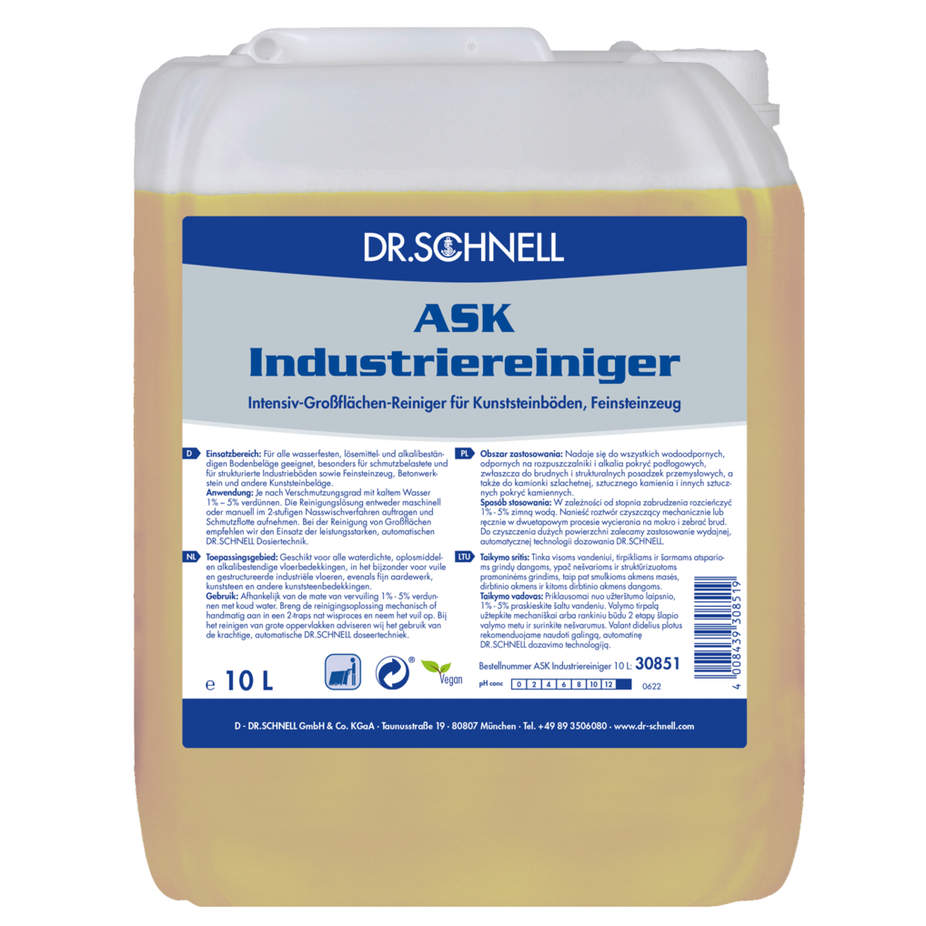 Ein 10-Liter-Kunststoffbehälter von Dr. Schnell ASK INDUSTRIEREINIGER der DR.SCHNELL GmbH & Co. KGaA, ein professioneller Öl- und Fettreiniger für Kunstböden und Feinsteinzeug, mit Produktinformation und Anwendungshinweisen in deutscher Sprache auf dem Etikett.