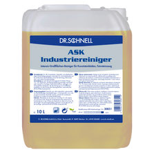 Ein 10-Liter-Kunststoffbehälter von Dr. Schnell ASK INDUSTRIEREINIGER der DR.SCHNELL GmbH & Co. KGaA, ein professioneller Öl- und Fettreiniger für Kunstböden und Feinsteinzeug, mit Produktinformation und Anwendungshinweisen in deutscher Sprache auf dem Etikett.