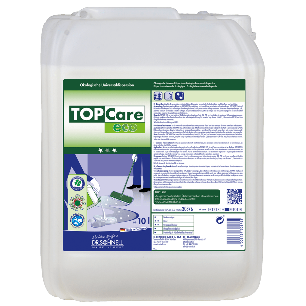 Un bidon en plastique de 10 L de Dr. Schnell TOPCARE ECO Dispersion universelle pour le nettoyage écologique des bâtiments de DR.SCHNELL GmbH & Co. KGaA porte une étiquette vert et blanc avec des instructions multilingues, des images et des informations sur le produit.
