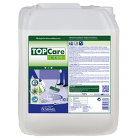 Ein 10 L Kunststoffkanister der Dr. Schnell TOPCARE ECO Universaldispersion für die ökologische Gebäudereinigung der DR.SCHNELL GmbH & Co. KGaA trägt ein grün-weißes Etikett mit mehrsprachigen Hinweisen, Bildern und Produktinformationen.