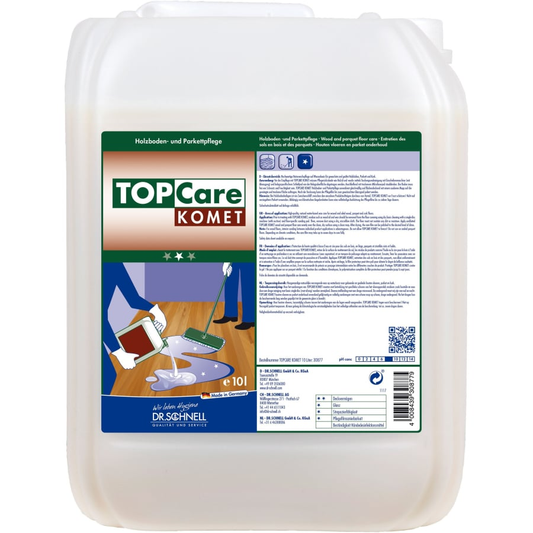 Ein großer Kunststoffbehälter (10 l) des Dr. Schnell TOPCARE Komet Gebäudereiniger für Böden der DR.SCHNELL GmbH & Co. KGaA trägt ein deutsches Etikett mit Anwendungshinweisen und einer Abbildung der Bodenreinigung.