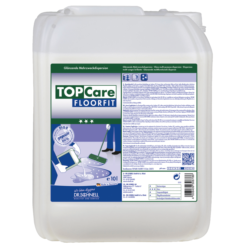 Un grand conteneur en plastique blanc Dr. Schnell TOPCARE FLOORFIT de DR.SCHNELL GmbH & Co. KGaA avec une étiquette bleu-vert contenant des informations sur le produit, des instructions, des symboles et l'image d'une serpillère avec un sol brillant pour des résultats sans traces.